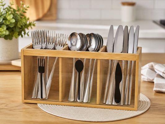 Natural Bamboo Cutlery Organizer with 3 Compartments Multipurpose Countertop Utensil Holder for Spoons, Forks, Knives, Kitchen Tools, Office Supplies & Dining Table Storage
