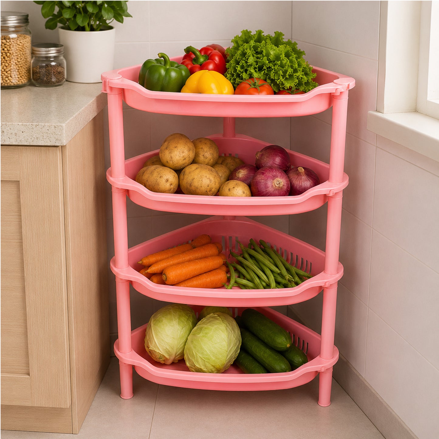 4-Layer Plastic Corner Storage Rack for Kitchen & Home – Space-Saving Multi-Tier Vegetable & Fruit Organizer Shelf, Durable Ventilated Storage Stand for Kitchen