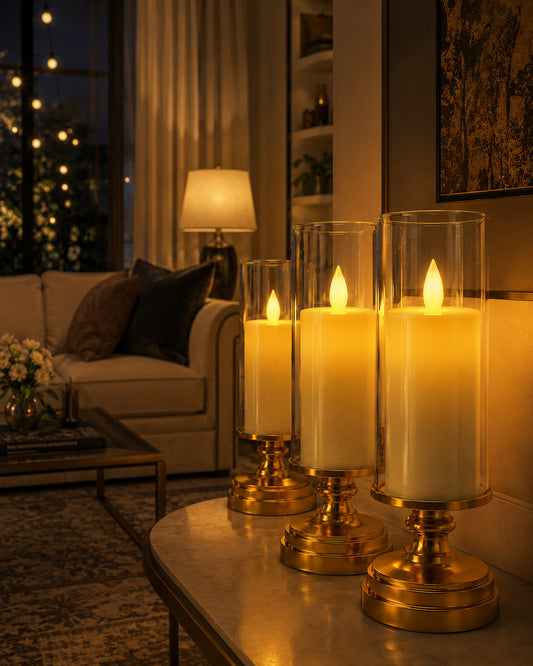 Flameless LED Candle Table Lamp with Glass Cover & Gold Base – Warm Flickering Decorative Light for Home and Office Decor