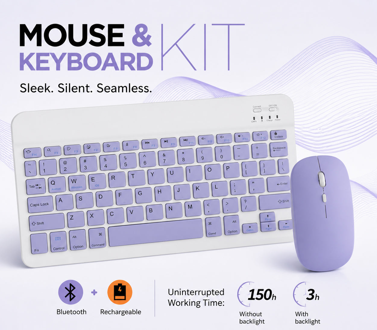 Wireless Bluetooth Keyboard and Mouse Combo – Rechargeable Slim Keyboard Kit with Multi-Device Support, Silent Click Mouse, Long Battery Life, Compact Portable Design for Laptop, PC, Tablet Purple