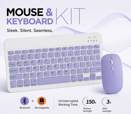 Wireless Bluetooth Keyboard and Mouse Combo – Rechargeable Slim Keyboard Kit with Multi-Device Support, Silent Click Mouse, Long Battery Life, Compact Portable Design for Laptop, PC, Tablet Purple