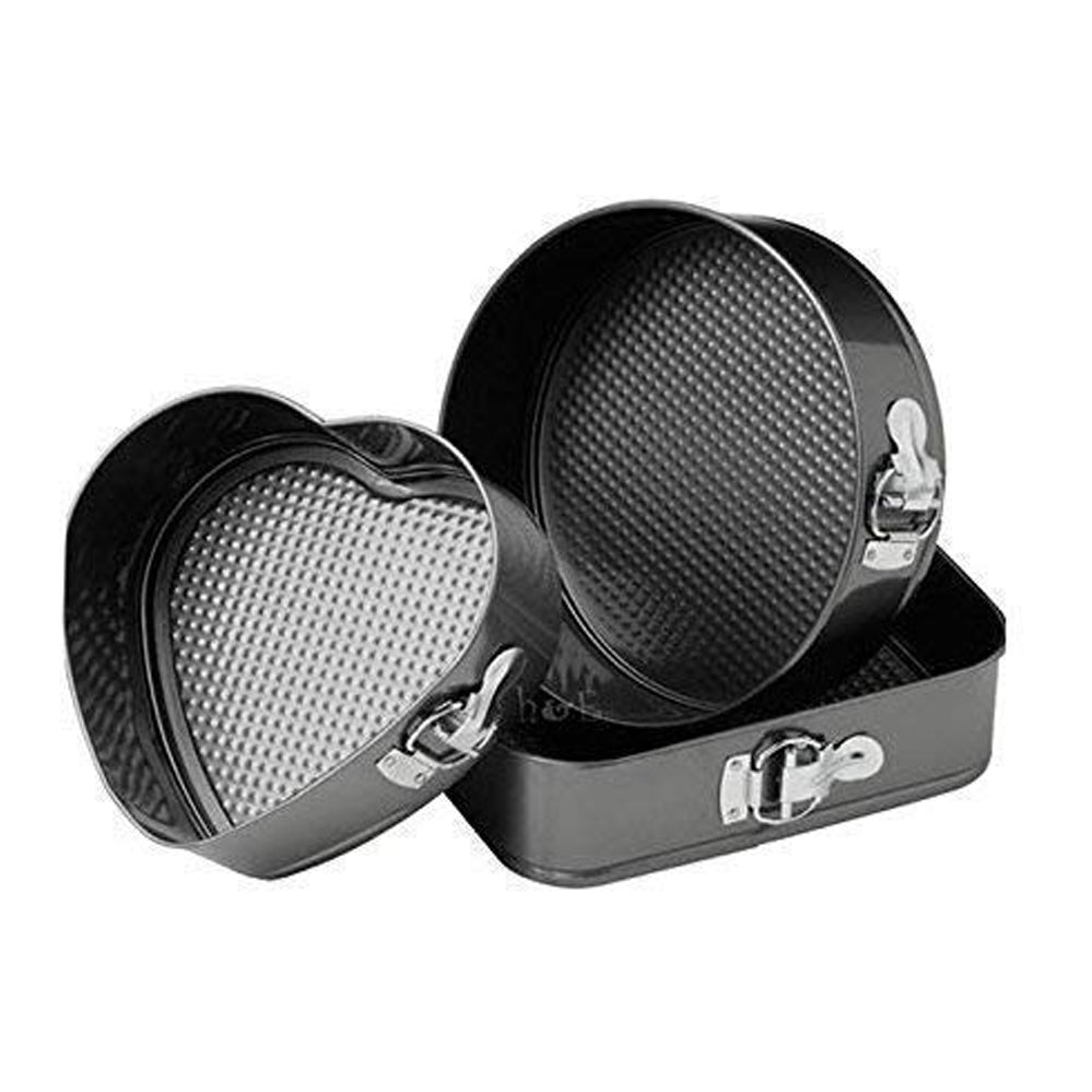 3-Piece Non-Stick Springform Cake Baking Pan Set Round, Heart & Square Shapes with Quick-Release Latch, Carbon Steel Bakeware Mould Set