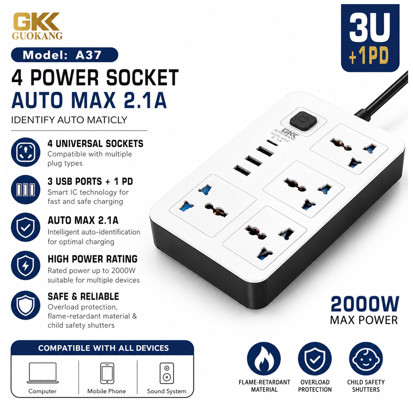 GKK GUOKANG A37 Power Extension Board with 4 Universal Sockets, 3 USB Ports & 1 PD Fast Charging Port, 2000W, 2m Power Cord, 10A Multi Plug Extension Socket – White
