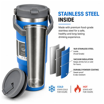 900ML Vacuum Insulated Stainless Steel Travel Mug with Handle & Reusable Straw, Double Wall Thermal Tumbler with 3-Way Leak-Resistant Lid, BPA-Free Cup Holder Friendly for Hot & Cold Drinks