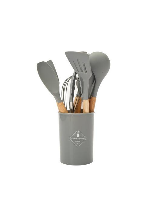 12 Pcs Silicone Cooking Utensils Kitchen Utensil Set - 446°F Heat Resistant,Turner Tongs, Spatula, Spoon, Brush, Whisk, Wooden Handle Gray Kitchen Gadgets with Holder for Nonstick Cookware