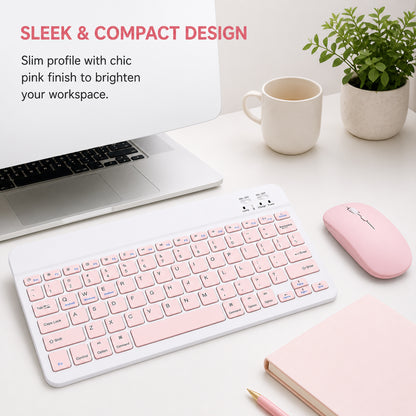 Wireless Bluetooth Keyboard and Mouse Combo – Rechargeable Slim Keyboard Kit with Multi-Device Support, Silent Click Mouse, Long Battery Life, Compact Portable Design for Laptop, PC, Tablet Pink