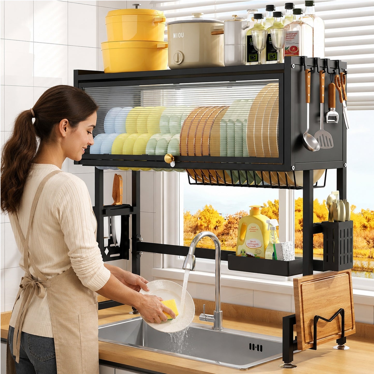 Multifunctional Kitchen Organizer Rack Over-Sink Kitchen Dish Drying Rack with Dustproof Sliding Cover,Utensil Holder, Knife Holder, Cutting Board Rack, Hooks & Drainage Shelf – Black