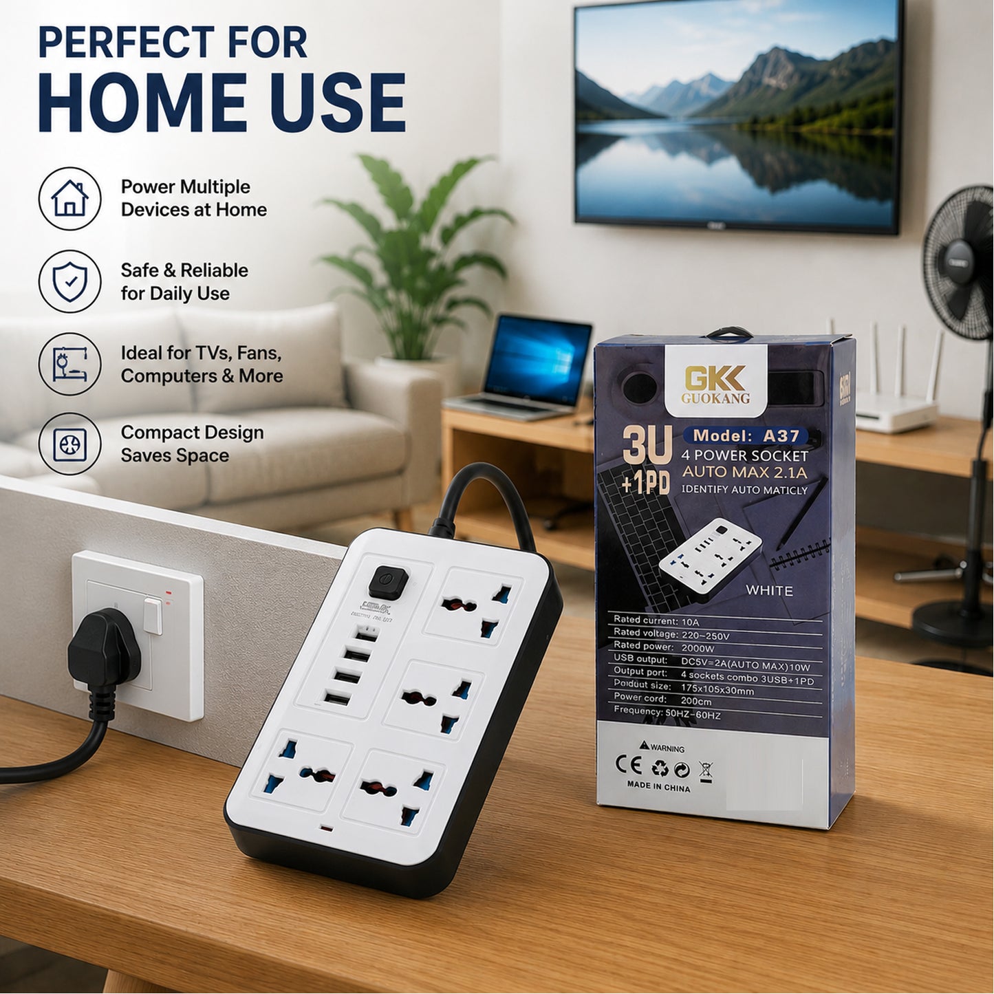 GKK GUOKANG A37 Power Extension Board with 4 Universal Sockets, 3 USB Ports & 1 PD Fast Charging Port, 2000W, 2m Power Cord, 10A Multi Plug Extension Socket – White