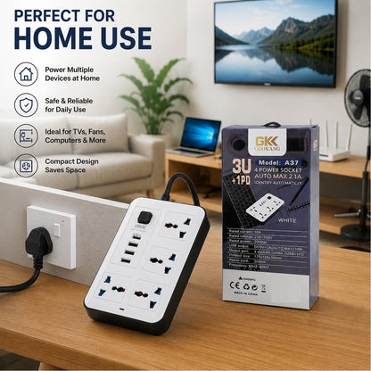GKK GUOKANG A37 Power Extension Board with 4 Universal Sockets, 3 USB Ports & 1 PD Fast Charging Port, 2000W, 2m Power Cord, 10A Multi Plug Extension Socket – White