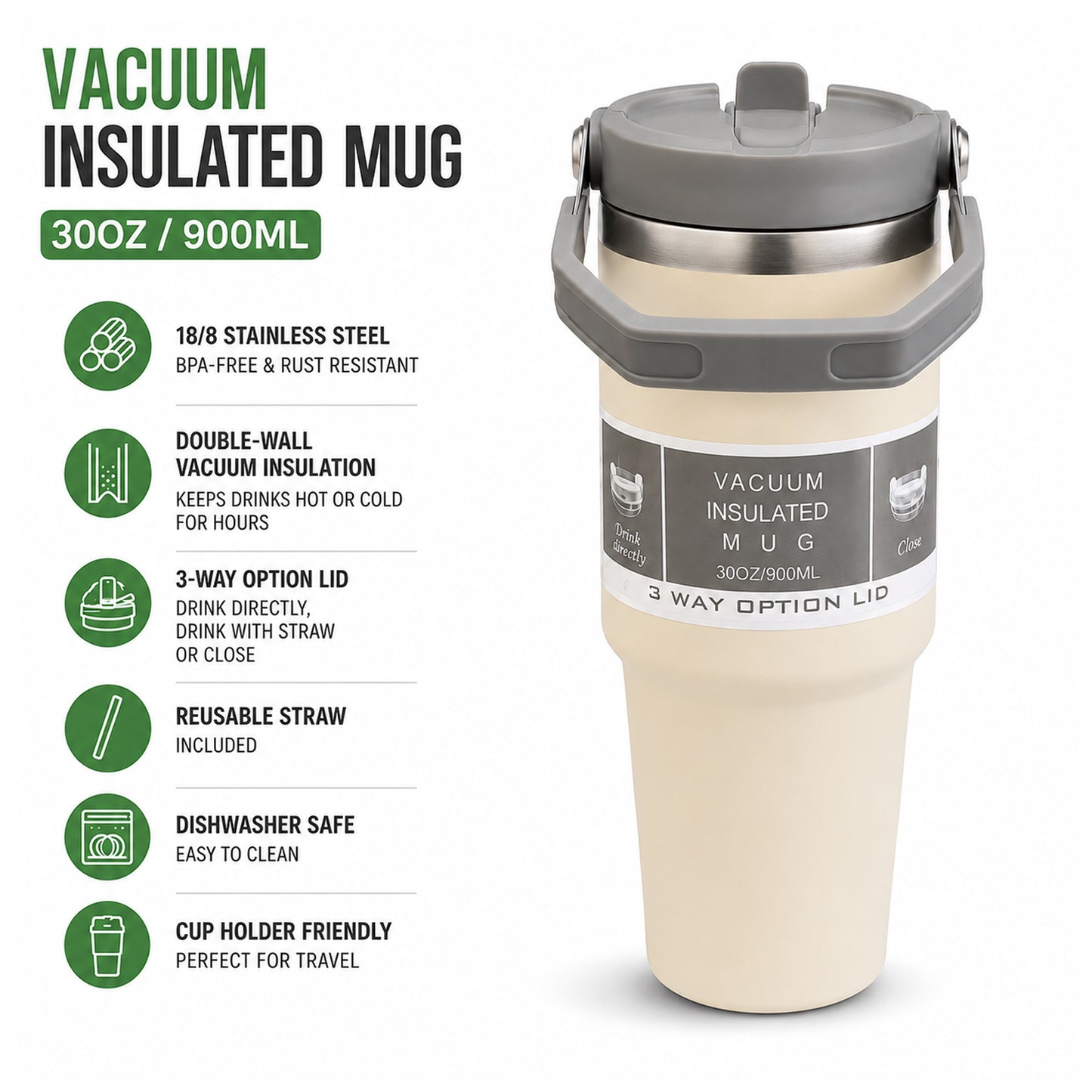 900ML Vacuum Insulated Stainless Steel Travel Mug with Handle & Reusable Straw, Double Wall Thermal Tumbler with 3-Way Leak-Resistant Lid, BPA-Free Cup Holder Friendly for Hot & Cold Drinks