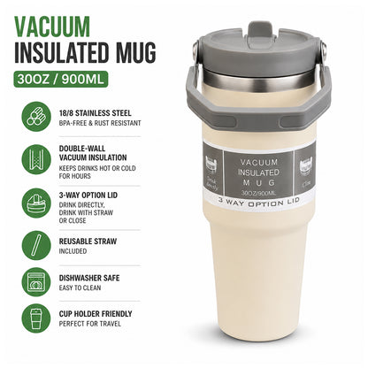 900ML Vacuum Insulated Stainless Steel Travel Mug with Handle & Reusable Straw, Double Wall Thermal Tumbler with 3-Way Leak-Resistant Lid, BPA-Free Cup Holder Friendly for Hot & Cold Drinks