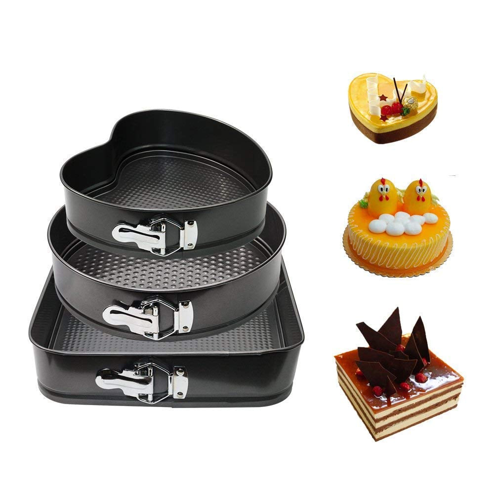 3-Piece Non-Stick Springform Cake Baking Pan Set Round, Heart & Square Shapes with Quick-Release Latch, Carbon Steel Bakeware Mould Set