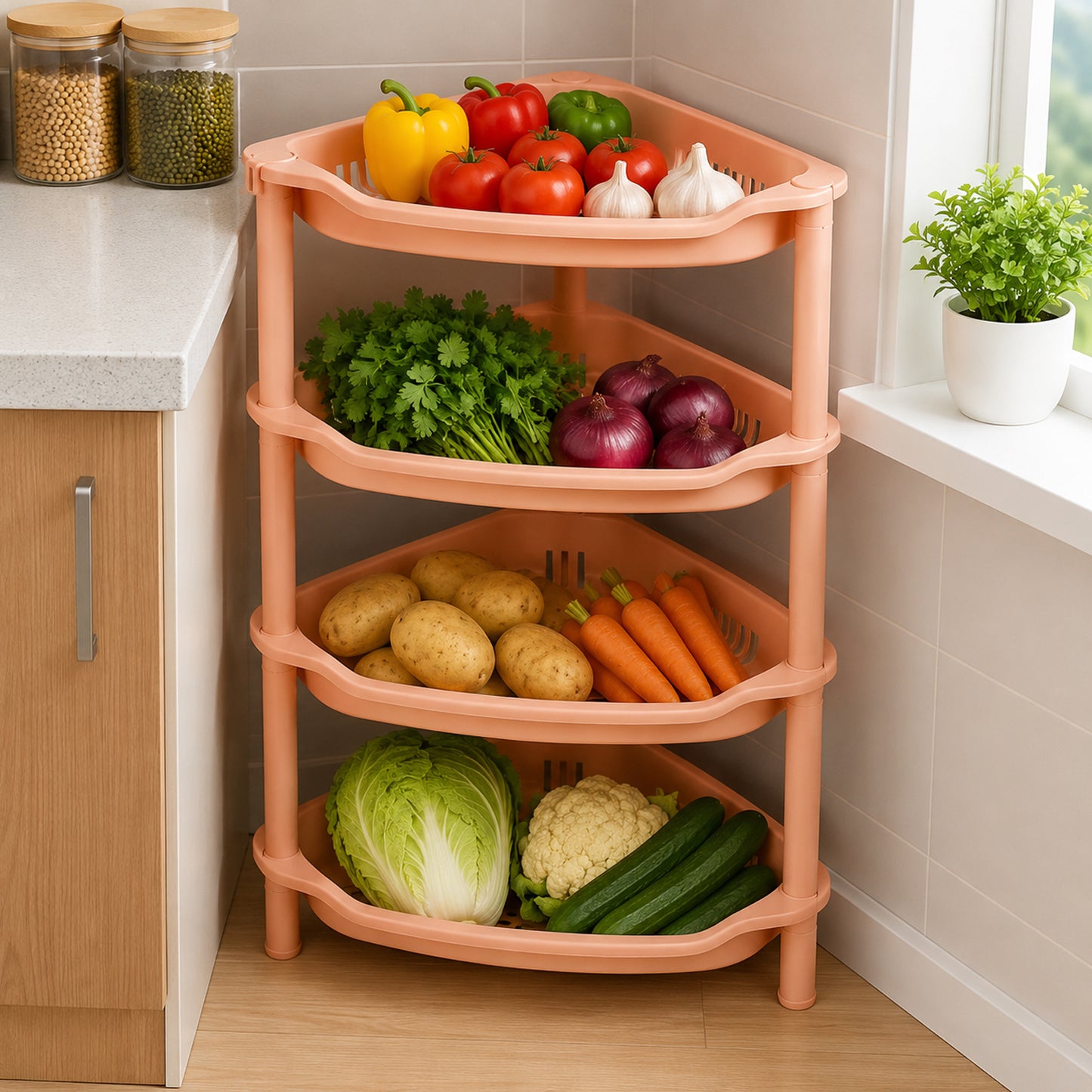 4-Layer Plastic Corner Storage Rack for Kitchen & Home – Space-Saving Multi-Tier Vegetable & Fruit Organizer Shelf, Durable Ventilated Storage Stand for Kitchen