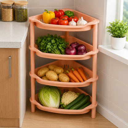 4-Layer Plastic Corner Storage Rack for Kitchen & Home – Space-Saving Multi-Tier Vegetable & Fruit Organizer Shelf, Durable Ventilated Storage Stand for Kitchen