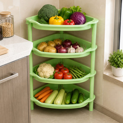 4-Layer Plastic Corner Storage Rack for Kitchen & Home – Space-Saving Multi-Tier Vegetable & Fruit Organizer Shelf, Durable Ventilated Storage Stand for Kitchen