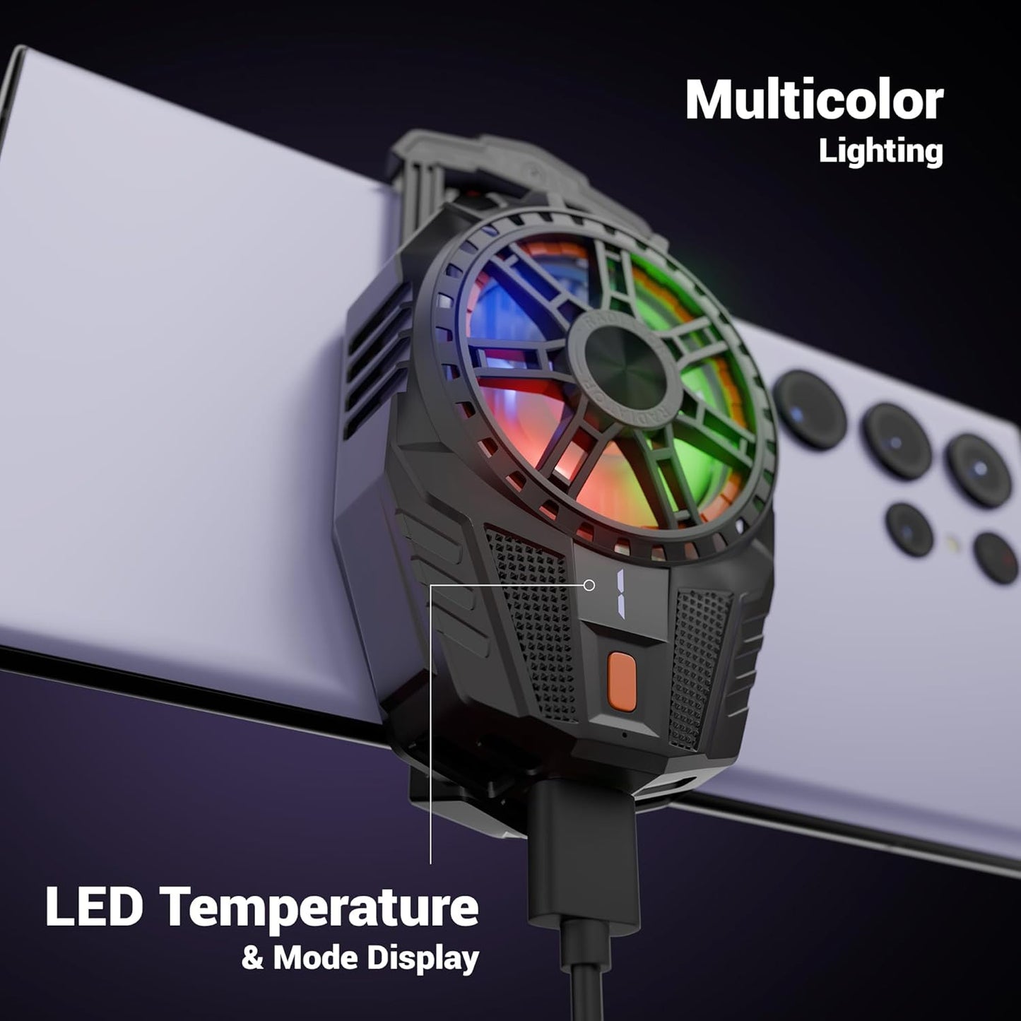 Wired Mobile Gaming Cooler Fan for Smartphones With 3-Level Speed Adjustment, RGB LED Light, USB Powered Phone Cooling Fan for Gaming & Live Streaming