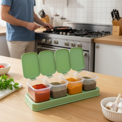 4 Piece Seasoning Box Set with Serving Spoons, Clear, Flip Lids, Non-Slip Tray, Dust-Proof Storage Containers for Salt, Sugar, Pepper, Spices and Try Fruit