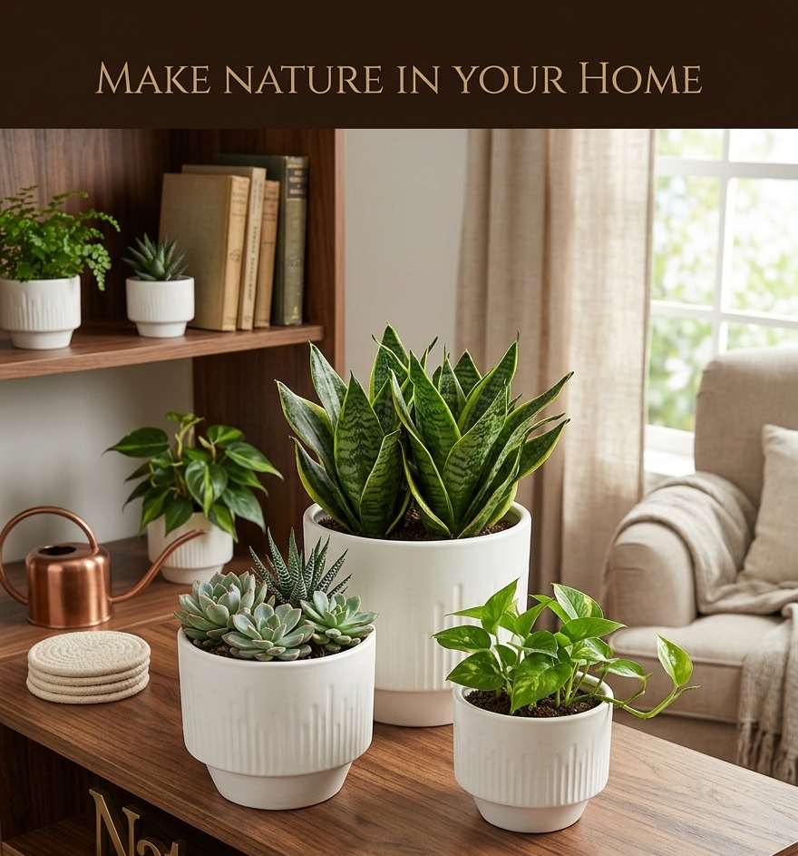 Premium Artisan Ceramic Planter Pots Set of 3 Matte White Stoneware Indoor Flower Pots with Drainage Hole Decorative Plant Pot Combo for Home & Office Decor