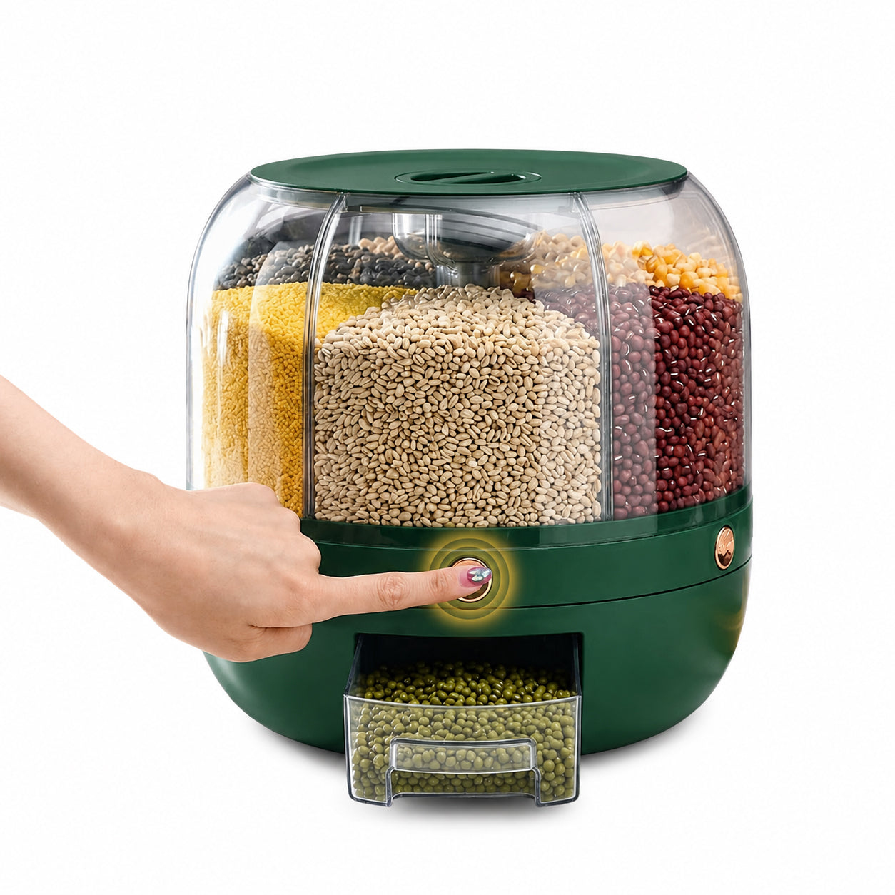360° Rotating Multi-Compartment Storage Organizer with One-Touch Dispensing System, Transparent Visibility Design, Space-Saving Countertop Storage Container Green