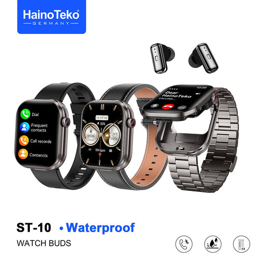 HainoTeko ST-10 Watch Buds with AMOLED Display, Bluetooth Calling Smartwatch with Built-in Earbuds, Waterproof Smart Watch 3 Interchangeable Straps Fitness Tracker Designed for Ladies and Gents