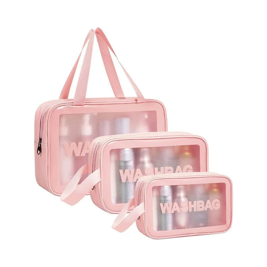 Set of 3 Waterproof Travel Wash Bags with Transparent Window Zipper Closure & Carry Handle – Portable Cosmetic, Toiletry & Makeup Organizer Set for Travel, Bathroom & Daily Use