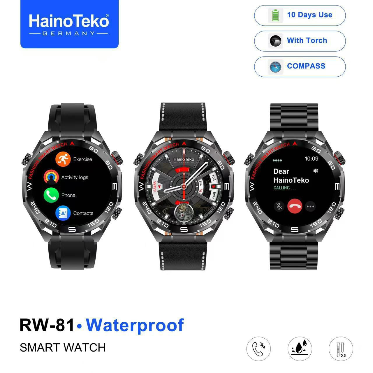 HainoTeko RW-81 Waterproof Smart Watch with Bluetooth Calling AMOLED Display 10 Days Battery Backup and 3 Pair Straps