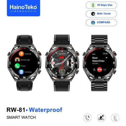 HainoTeko RW-81 Waterproof Smart Watch with Bluetooth Calling AMOLED Display 10 Days Battery Backup and 3 Pair Straps