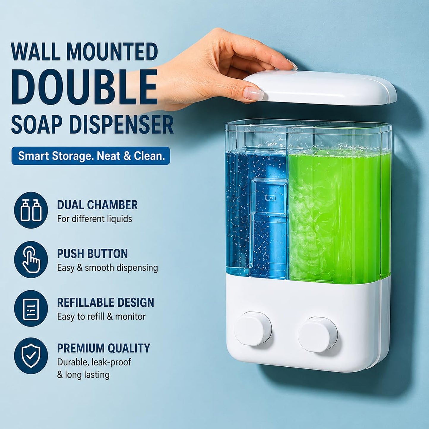 Double Chamber Wall Mounted 1000ml Soap Dispenser Manual Push Pump Liquid Soap & Shampoo Dispenser for Bathroom, Kitchen & Commercial Use