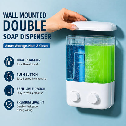 Double Chamber Wall Mounted 1000ml Soap Dispenser Manual Push Pump Liquid Soap & Shampoo Dispenser for Bathroom, Kitchen & Commercial Use
