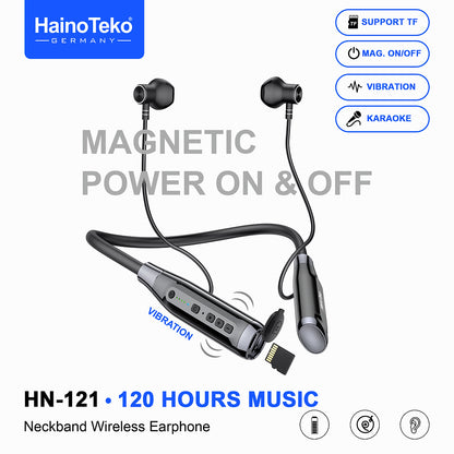 HainoTeko HN-121 Neckband Wireless Earphones 120 Hours Music Playback with Magnetic Power On/Off TF Card Support Vibration Alert and Karaoke Mode Black