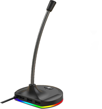 2-in-1 USB Desktop Microphone with 3-Port USB 2.0 Hub Low Noise Omnidirectional Mic with RGB Lighting Mute Button, Flexible Gooseneck for Meetings, Gaming & Online Classes