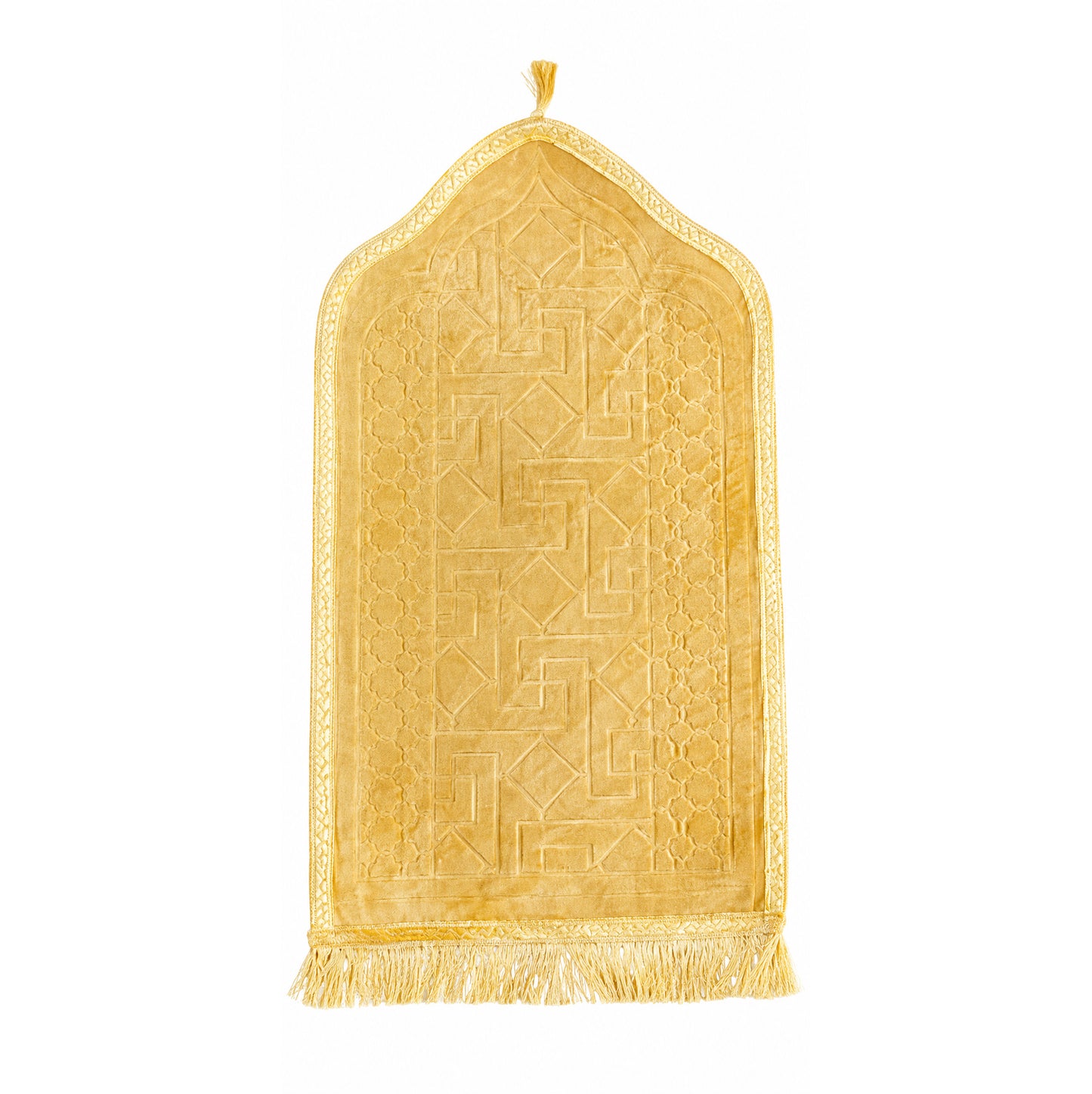 Luxury Velvet Islamic Prayer Mat with Mihrab Design & Decorative Fringe Soft Plush Muslim Salah Prayer Rug, 60 x 35 cm
