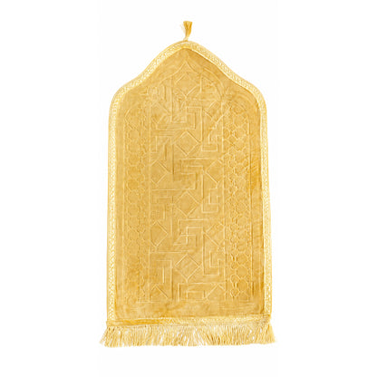 Luxury Velvet Islamic Prayer Mat with Mihrab Design & Decorative Fringe Soft Plush Muslim Salah Prayer Rug, 60 x 35 cm