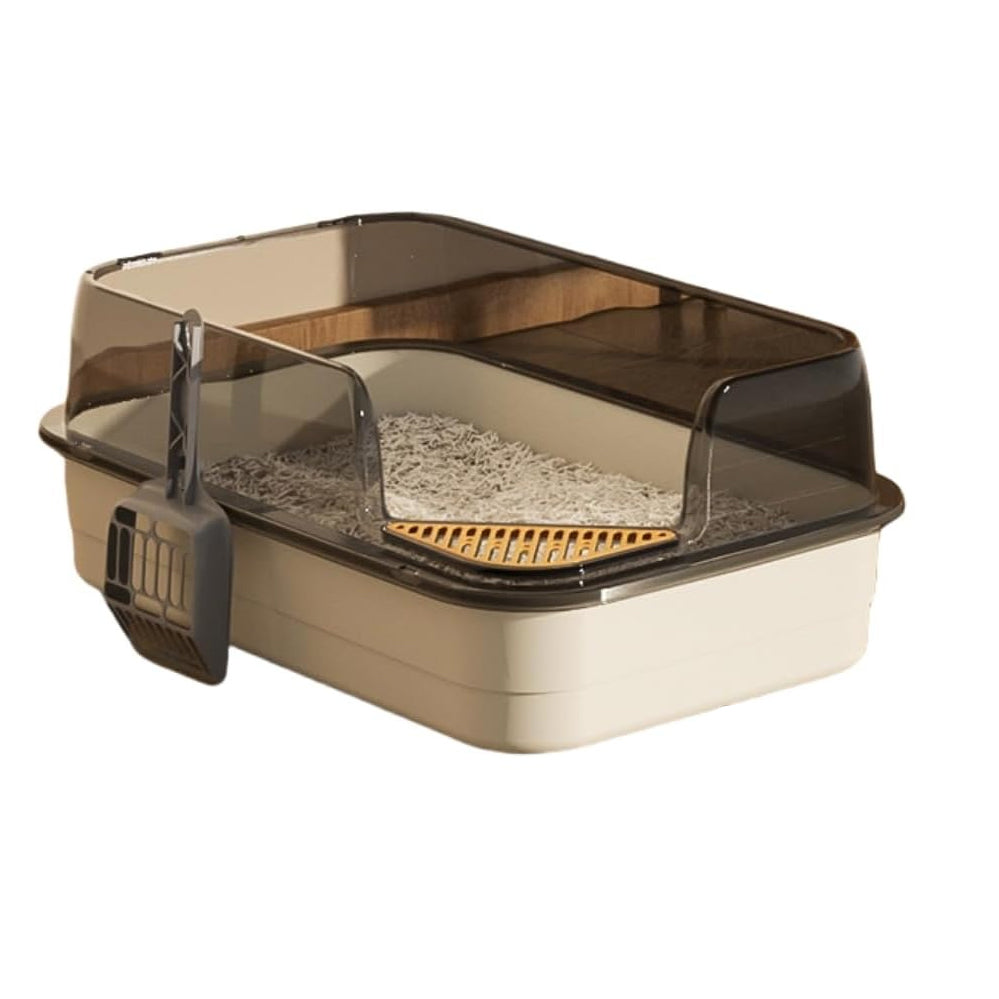 Semi-Enclosed Large Cat Litter Box with High Walls & Anti-Tracking Pedal Spacious Open Top Kitty Toilet Tray with Scoop for Multi-Cat Homes