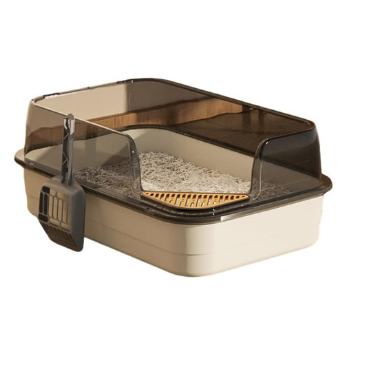 Semi-Enclosed Large Cat Litter Box with High Walls & Anti-Tracking Pedal Spacious Open Top Kitty Toilet Tray with Scoop for Multi-Cat Homes
