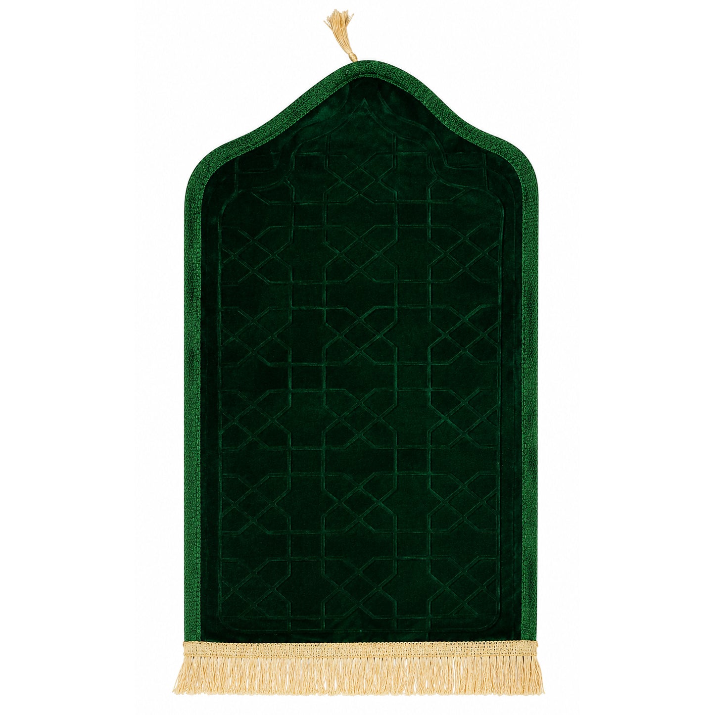 Luxury Velvet Islamic Prayer Mat with Mihrab Design & Decorative Fringe Soft Plush Muslim Salah Prayer Rug, 60 x 35 cm