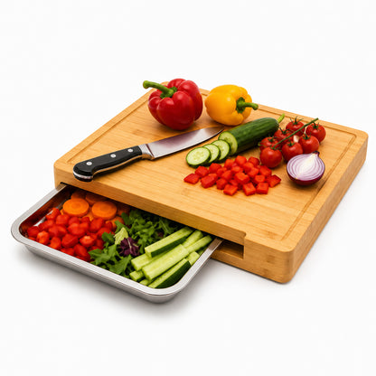 Premium Bamboo Cutting Board with Built-In Sliding Drawer | 100% Natural Bamboo Chopping Board | Easy Food Prep & Collection | Knife-Friendly, Durable & Eco-Friendly Kitchen Board