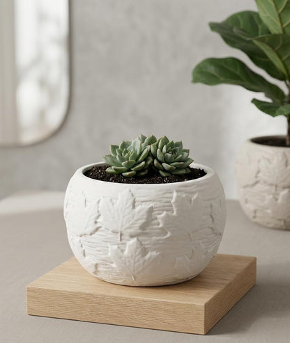 Multipurpose White Ceramic Pot with Leaf Pattern, Scandi Style, Indoor or Outdoor Planter, Desktop Storage, 13.5x9cm
