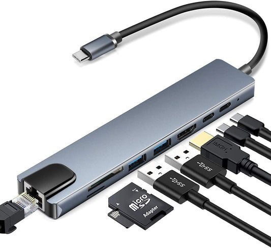 USB C Hub 8-in-1 Multiport Adapter with 4K HDMI, RJ45 Ethernet, USB 3.0, USB-C PD Charging, SD/TF Card Reader – Type-C to HDMI Converter for MacBook, Laptop, Tablet & Smartphones