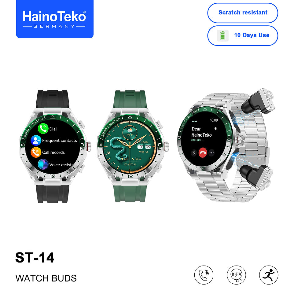 Haino Teko ST-14 Watch Buds Smartwatch with Built-in Wireless Earbuds Bluetooth Calling, AMOLED Display, 3 Interchangeable Straps, Health Monitoring, Multi-Sport Modes & Long Battery Life Designed for Men