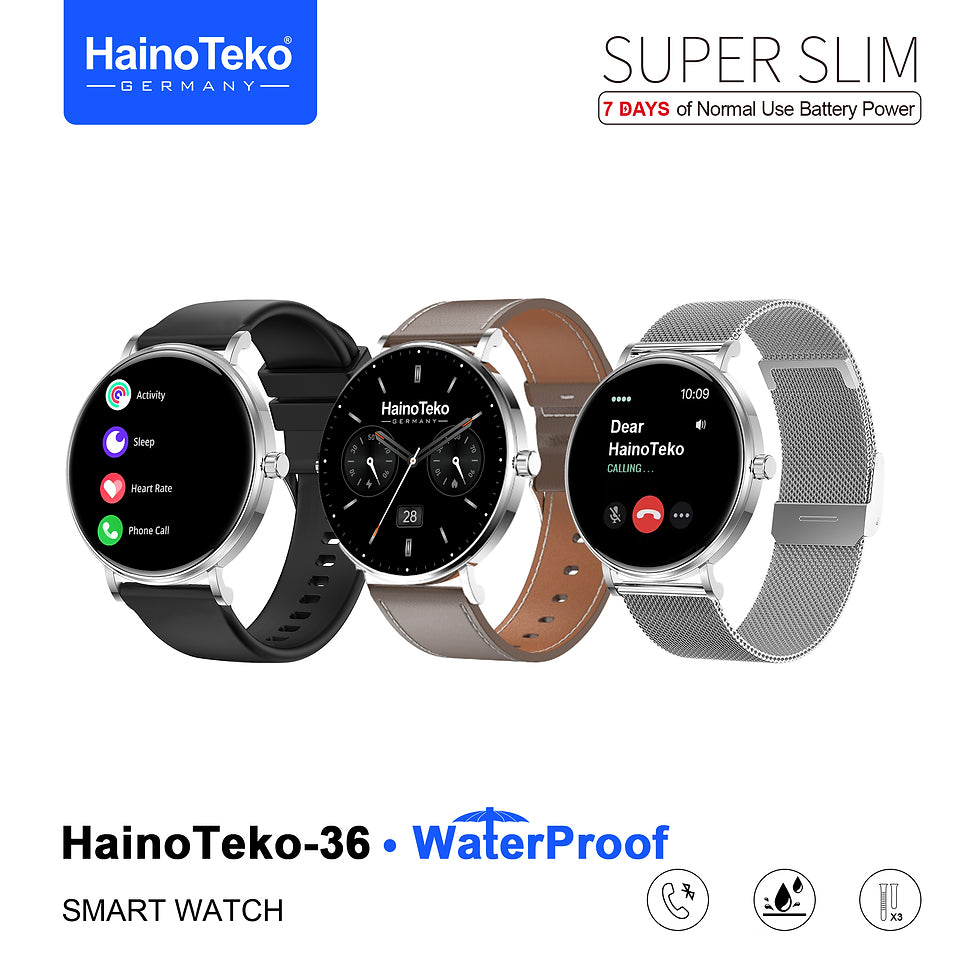 HainoTeko-36 Super Slim Waterproof Design Smart Watch with AMOLED Display Bluetooth Calling, 7-Day Battery Life Multiple Sports Modes and 3 Interchangeable Straps Designed for Ladies and Gents