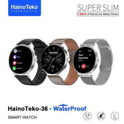 HainoTeko-36 Super Slim Waterproof Design Smart Watch with AMOLED Display Bluetooth Calling, 7-Day Battery Life Multiple Sports Modes and 3 Interchangeable Straps Designed for Ladies and Gents