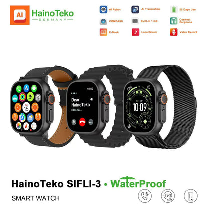 HainoTeko SIFLI-3 Waterproof Design Smart Watch with 2.02 Inch AMOLED Display BT Calling AI Translation 20 Days Battery Backup 3 Pair Straps and Charging Cable Designed for Men
