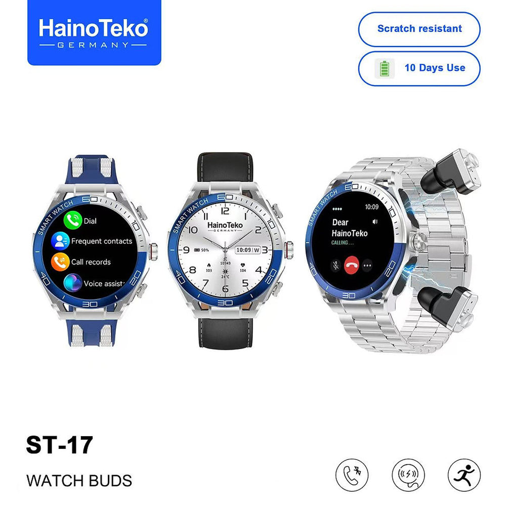 HainoTeko ST-17 Watch Buds Smartwatch with Built-in Wireless Earbuds, AMOLED Display, Bluetooth Calling, 3 Interchangeable Straps Multiple Sports Modes and 10-Day Battery Life Designed for Men