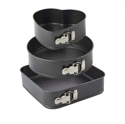 3-Piece Non-Stick Springform Cake Baking Pan Set Round, Heart & Square Shapes with Quick-Release Latch, Carbon Steel Bakeware Mould Set