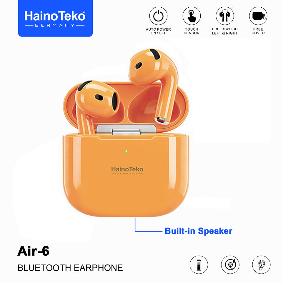 HainoTeko Air-6 TWS Bluetooth Earbuds with Charging Case Built-in Speaker, Touch Control and HD Microphone Compatible With iPhones and iPads Orange