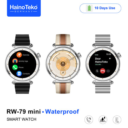 HainoTeko RW-79 Mini Waterproof Smart Watch with AMOLED Display Bluetooth Call 3 Interchangeable Straps and Charging Cable Designed for Ladies