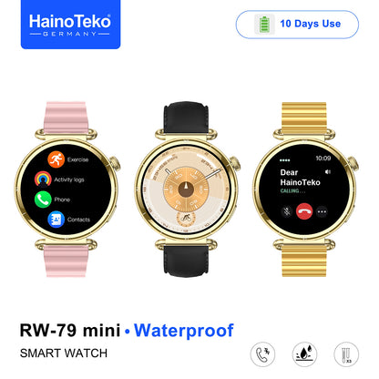 HainoTeko RW-79 Mini Waterproof Smart Watch with AMOLED Display Bluetooth Call 3 Interchangeable Straps and Charging Cable Designed for Ladies