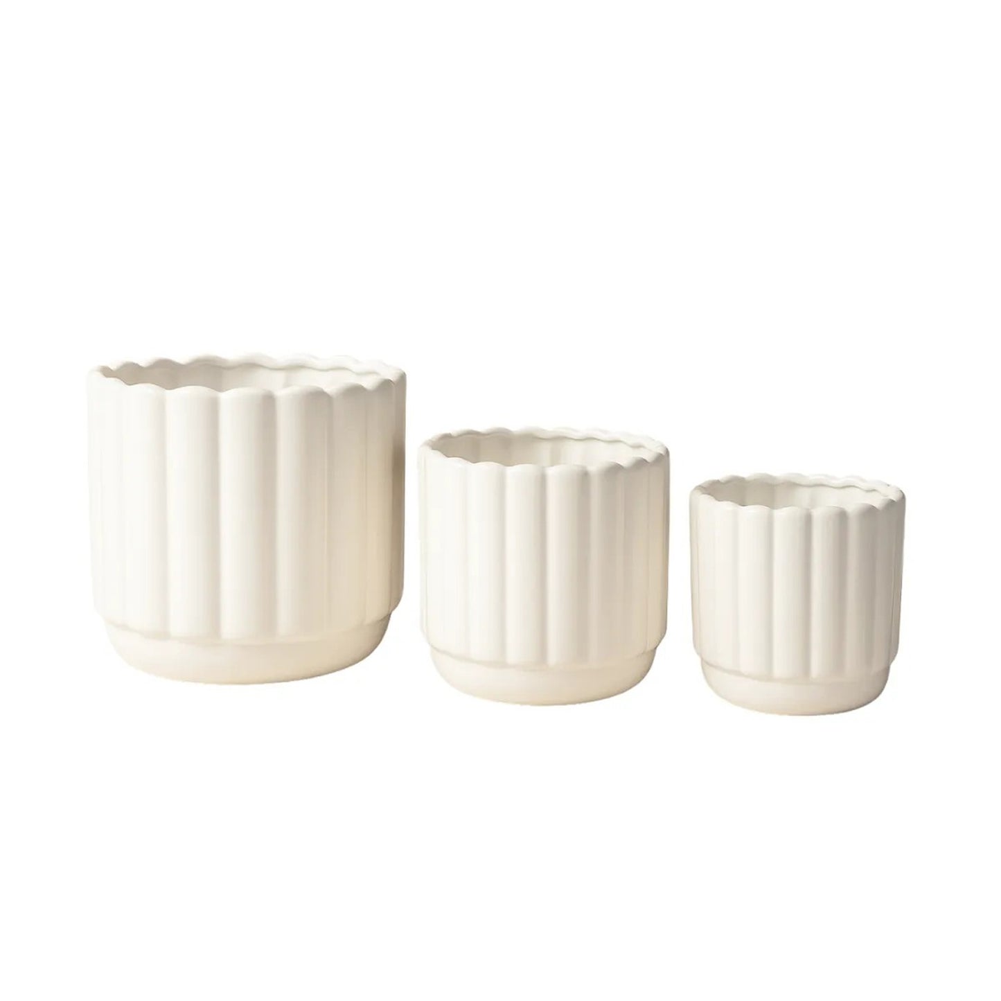 Set of 3 Decorative Fluted Plant Pots with Drainage Tray Modern Round Flower Pots for Indoor & Outdoor Plants,Home, Balcony, Patio & Office Decor White