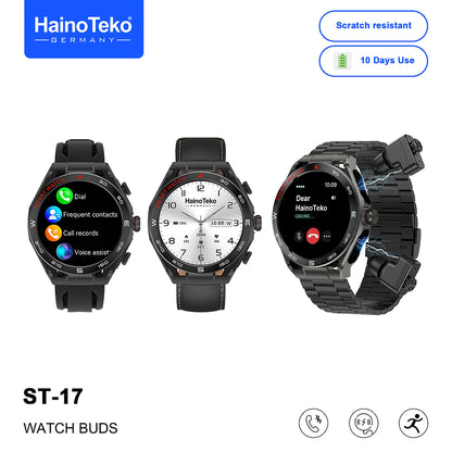 HainoTeko ST-17 Watch Buds Smartwatch with Built-in Wireless Earbuds, AMOLED Display, Bluetooth Calling, 3 Interchangeable Straps Multiple Sports Modes and 10-Day Battery Life Designed for Men
